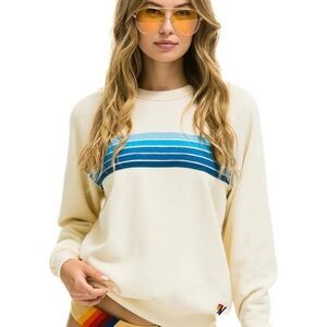 Aviator Nation 5 Stripe Crewneck Sweatshirt in Vintage White & Blue Stripes